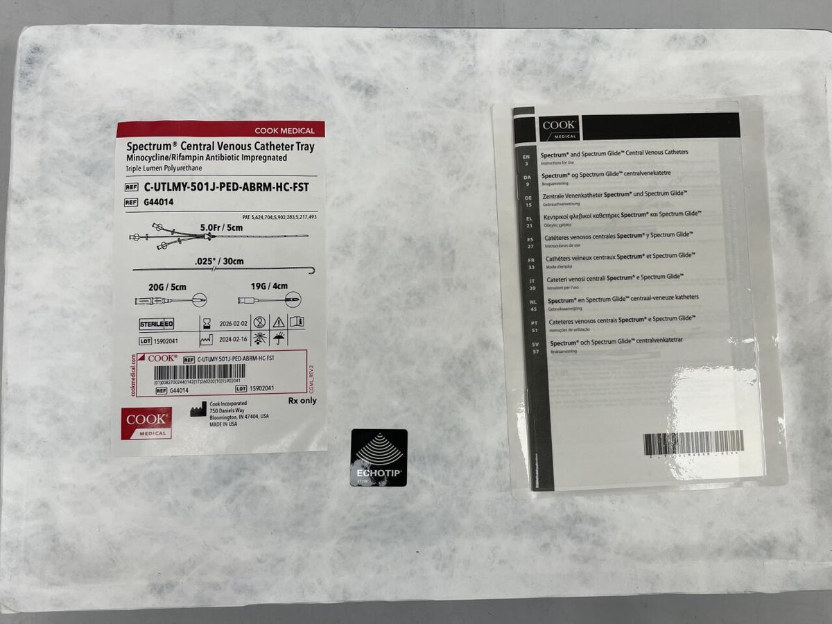G44014 - COOK - SPECTRUM TRIPLE LUMEN CVC TRAY, MINOCYCLINE/RIFAMPIN IMPREGNATED 5F X 5CM - UOM EA - expiration 2026-02-02, (EA)