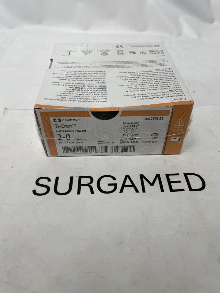 2978-51 - COVIDIEN - TI-CRON Polyester Suture, Taper Point, 2-0, White, 30", Needle CV-316, ½ Circle, PTFE, (BX)