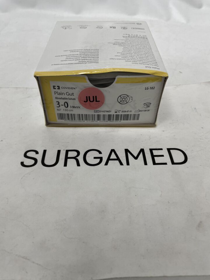 LG-102 - COVIDIEN - 3-0 Medtronic Plain Gut 60" strand (ligating reel) - Absorbable, Monofilament, Natural, Plain Catgut, Suture, (BX)