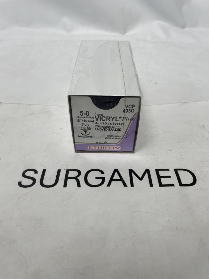 VCP493G - ETHICON - Coated Vicryl Plus Absorbable Braided Suture, Size 5-0, 18 in. Length, P-3 Needle, (BX)