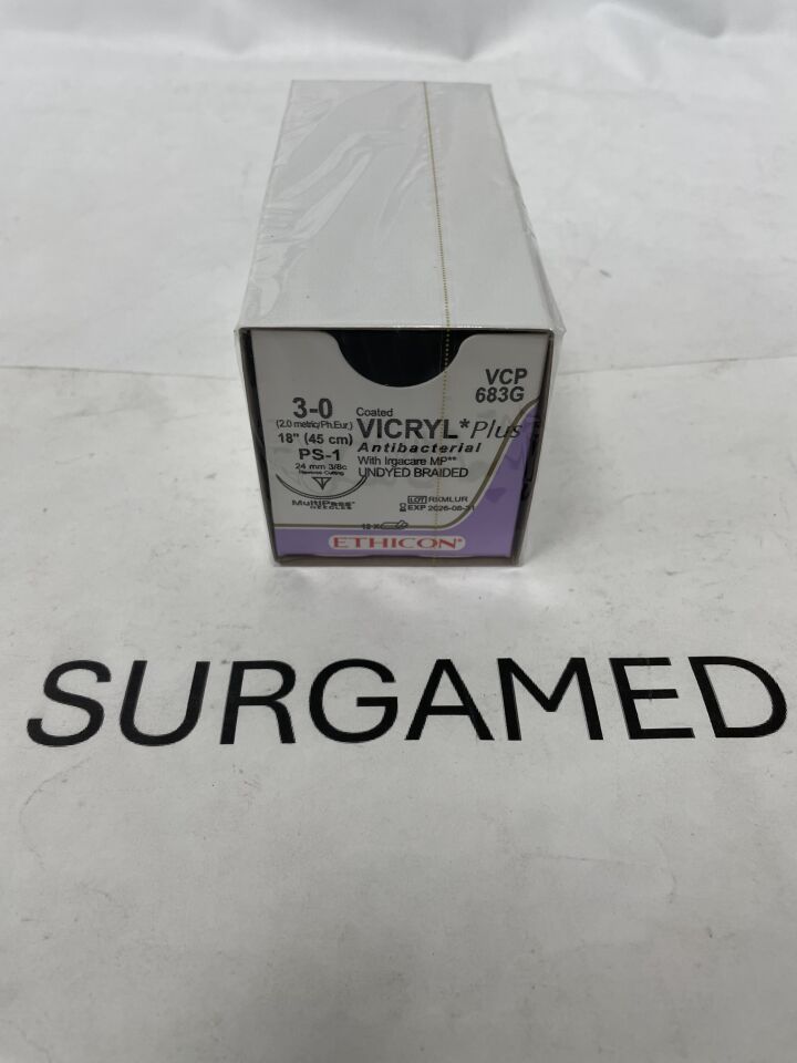VCP683G - ETHICON - Coated Vicryl Plus Absorbable Braided Antibacterial Suture, Size 3-0, 18 in. Length, PS-1 Needle, (BX)