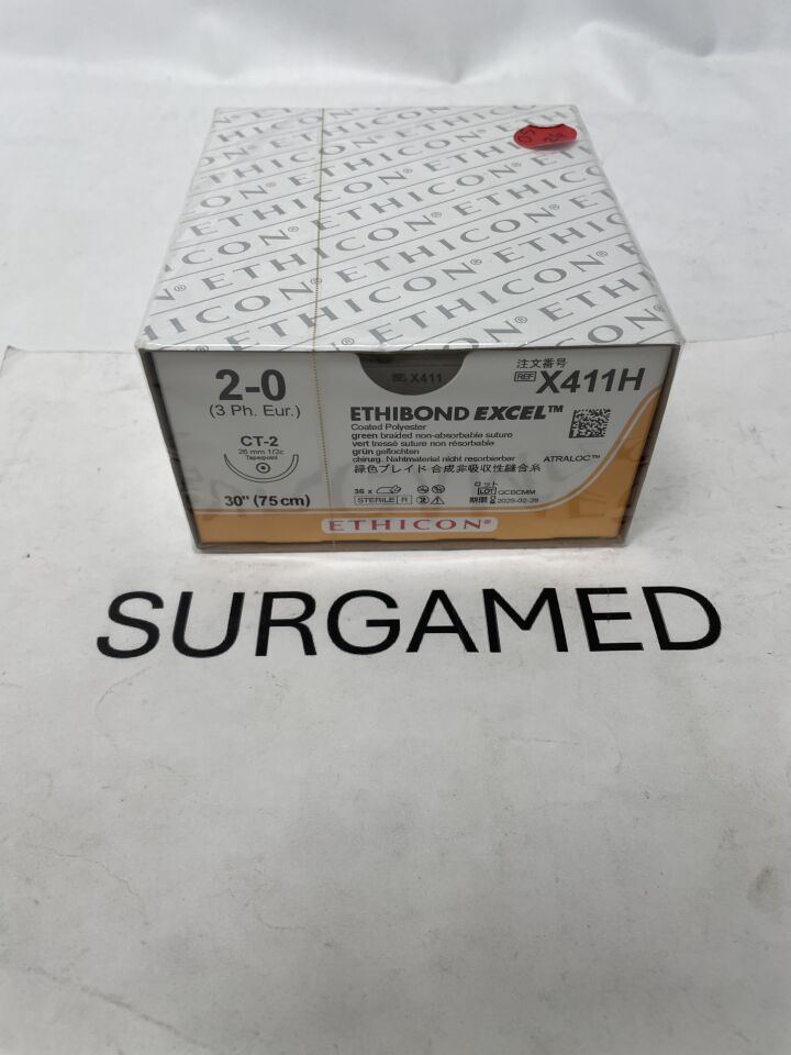 X411H - ETHICON - Ethibond Excel Non-Absorbable Braided Polyester Suture, Size 2-0, 30 in. Length, CT-2 Needle, (BX)