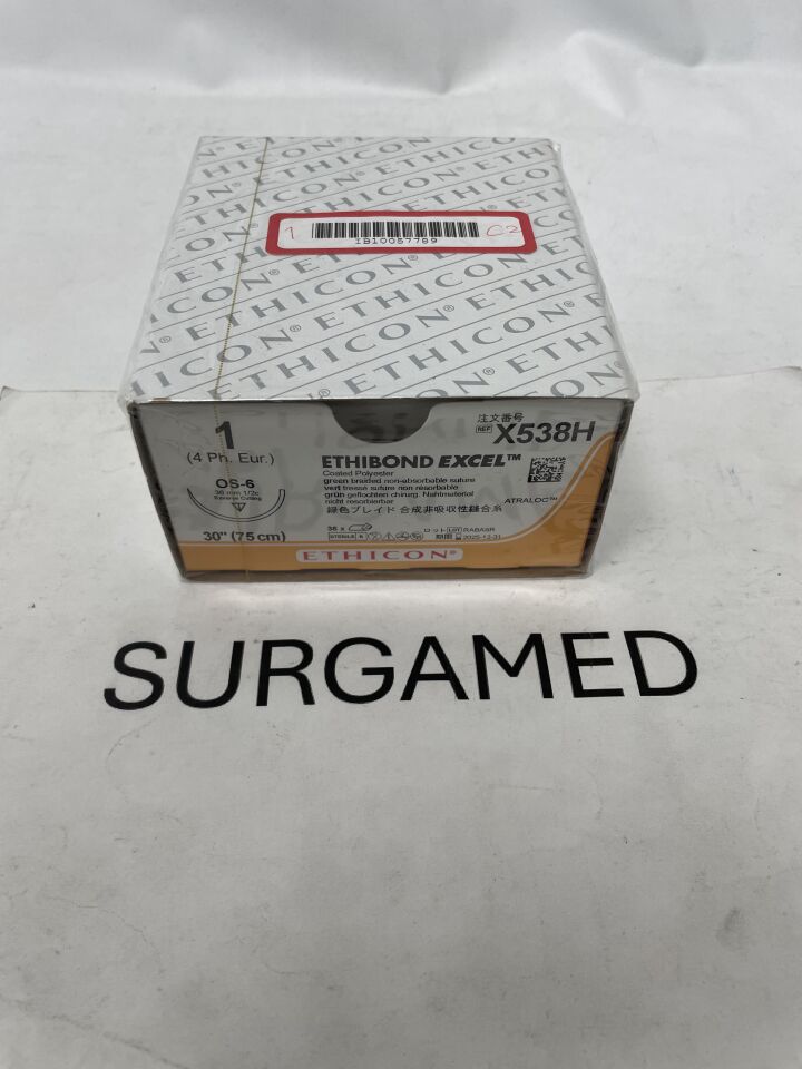 X538H - ETHICON - Ethibond Excel Non-Absorbable Braided Polyester Suture, Size 1, 30 in. Length, OS-6 Needle, (BX)