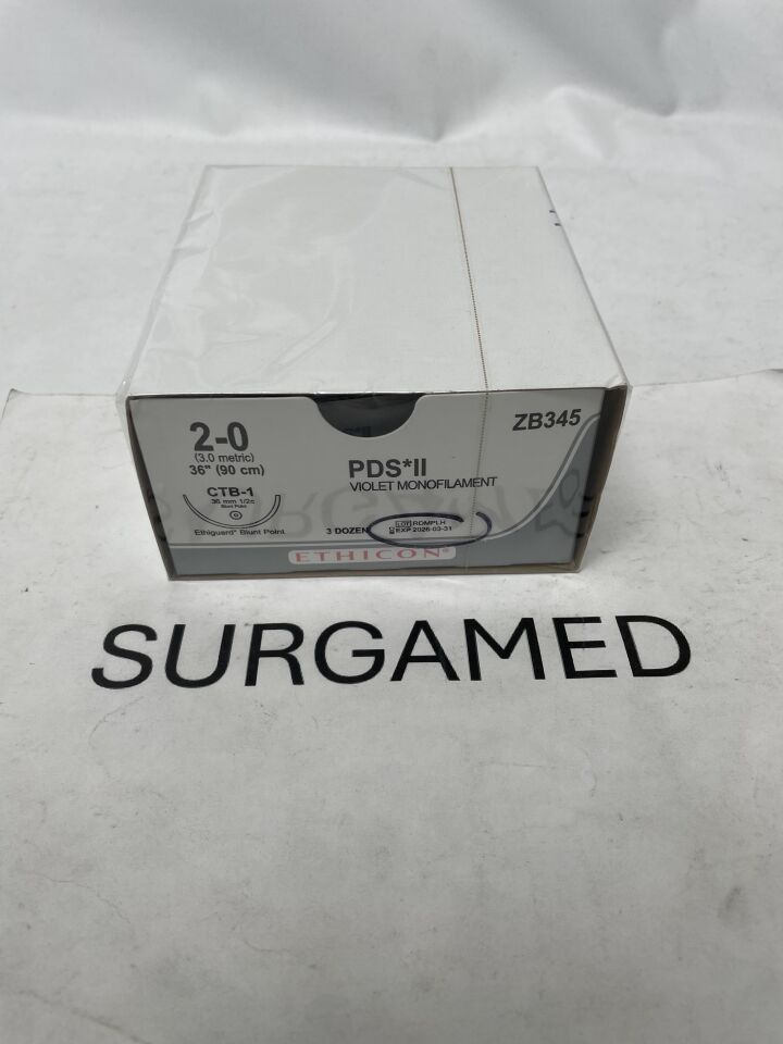 ZB345 - ETHICON - PDS II Absorbable Monofilament Polydioxanone Suture, Size 2-0, 36 in. Length, CTB-1 Needle, (BX)