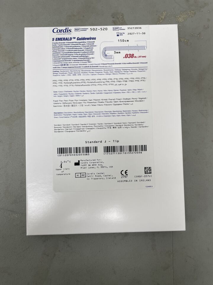 502-520 - CORDIS - Emerald Guidewire PTFE Standard J-Tip Fixed, 150cm, (BX/5)