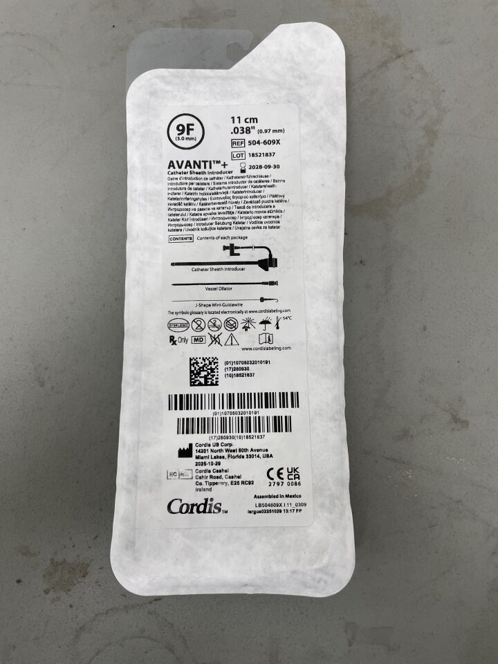 504-609X - CORDIS - Avanti Brachial Standard Sheath Introducer, Mini-Wire, 9 Fr Size, 11 cm Cannula Length, Black, (EA)