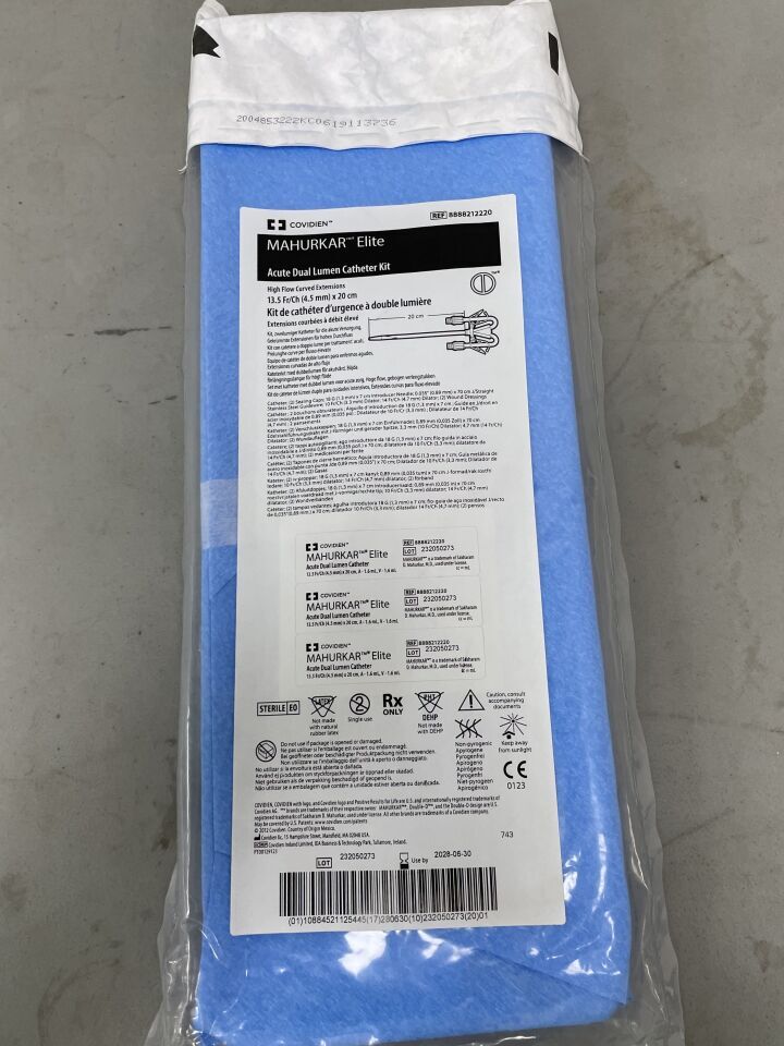 8888212220 - COVIDIEN - Mahurkar ELITE 13.5F High Flow Dual Lumen Acute Dialysis Catheter 20cm, Curved, Kit, (EA)