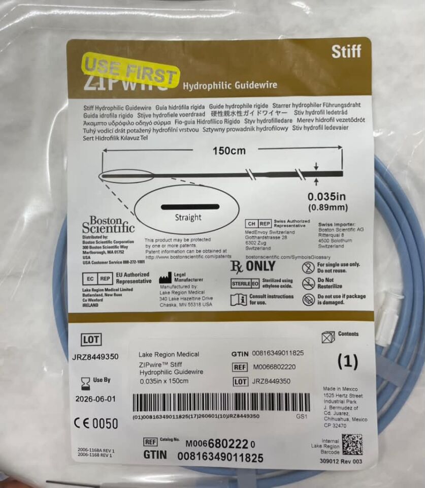 680222 - BOSTON SCIENTIFIC - ZIPwire Stiff Hydrophilic Guidewire, 0.035in x 150cm, Straight Tip - Lot JRZ8449350 - full REF M0066802220, (EA)
