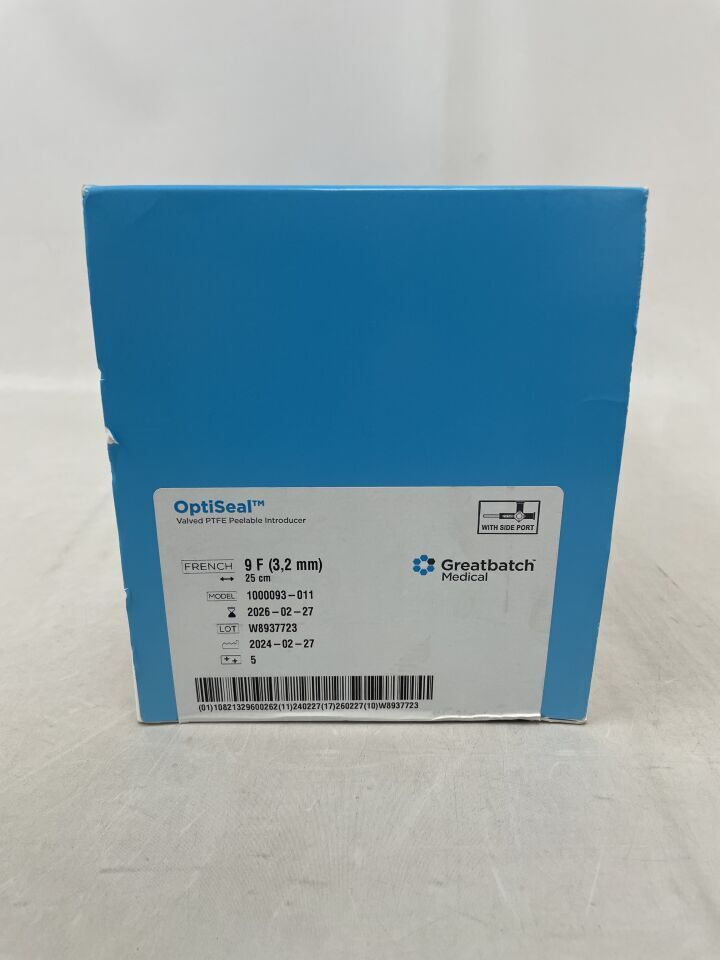 1000093-011 - GREATBATCH - OptiSeal Valved Peelable PTFE Introducer with SIDE PORT, 9F x 25CM, (BX/5)