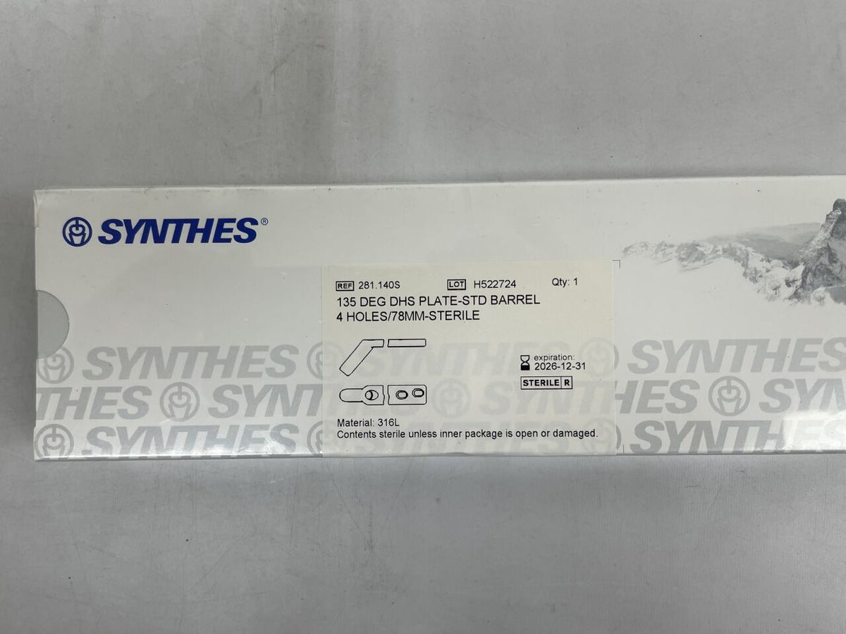 281.140S - DEPUY SYNTHES - DHS Plate, 4 Holes, Stainless Steel, 135ï¿½ Angle, 78 mm Shaft Length, with Standard Barrel, 38 mm Barrel Length, 12.6 mm Barrel, (BX)