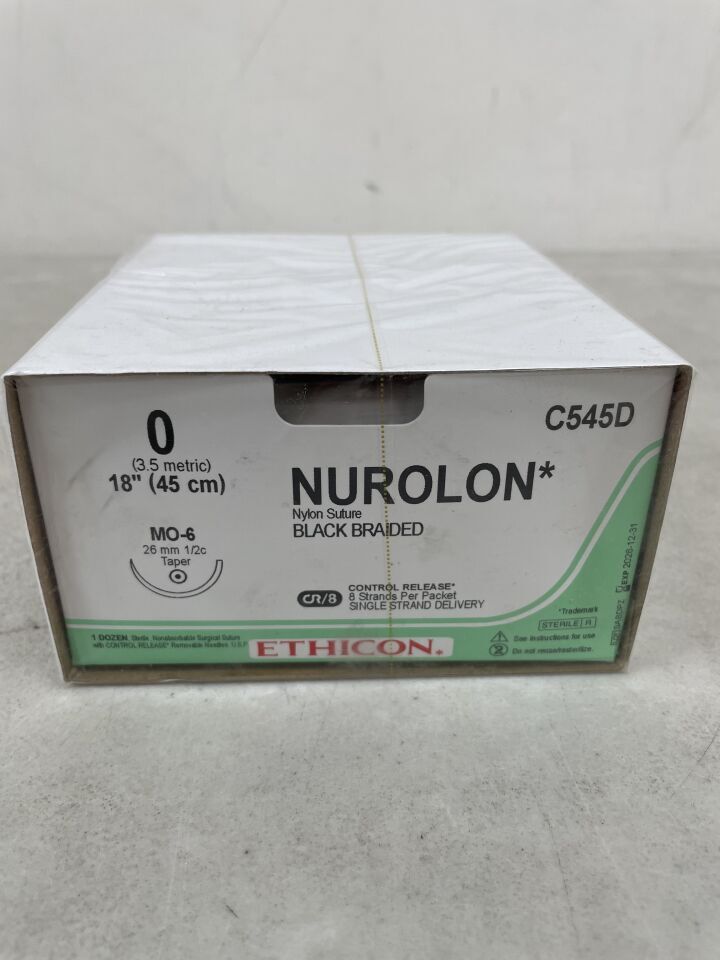 C545D - ETHICON - Nurolon Non-Absorbable Braided Nylon Suture, Size 0, 18 in. Length, MO-6 Needle, (BX/12)