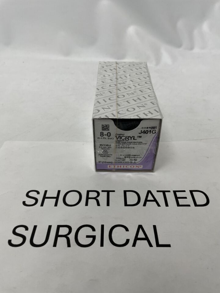 J401G - ETHICON - Coated Vicryl Absorbable Braided Polyglactin 910 Suture, Size 8-0, 5 in. Length, BV130-5 Needle, (BX/12)