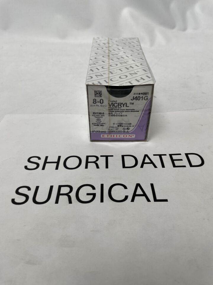 J401G - ETHICON - Coated Vicryl Absorbable Braided Polyglactin 910 Suture, Size 8-0, 5 in. Length, BV130-5 Needle, (BX/12)