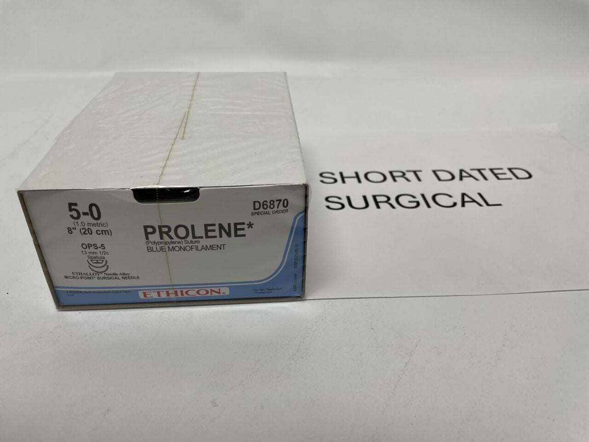 D6870 - ETHICON - Prolene Monofilament Suture, Blue, Size 5-0, 8", Double Arm, OPS-5 Needleï¿½, (BX/36)