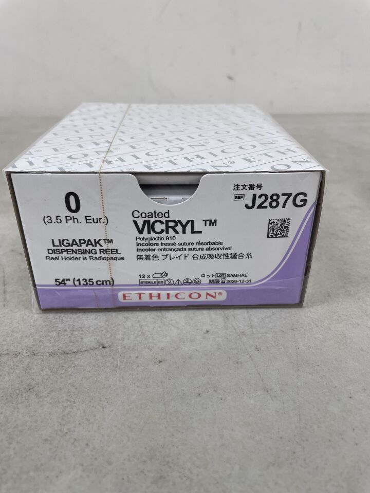 J287G - ETHICON - Coated Vicryl Absorbable Braided Polyglactin 910 Suture, Size 0, 54 in. Length, Ligapak Reel Needle, (BX/12)