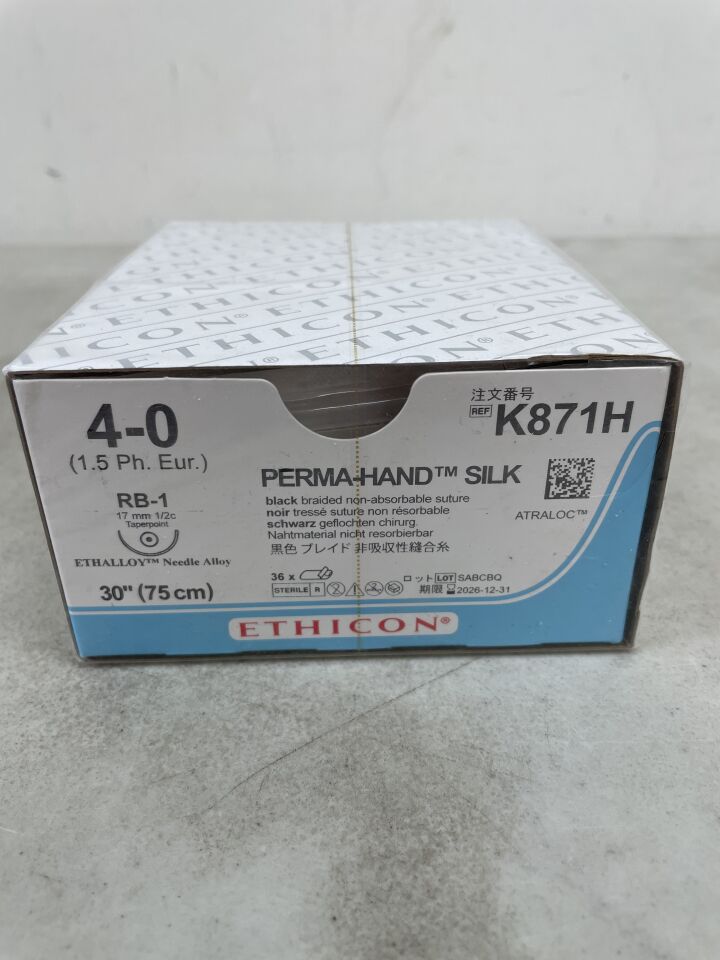 K871H - ETHICON - Perma-Hand Silk Suture, black braided, Size 4-0, 30 in. Length, 1/2 Circle, 17 mm Needle Length, (BX/36)