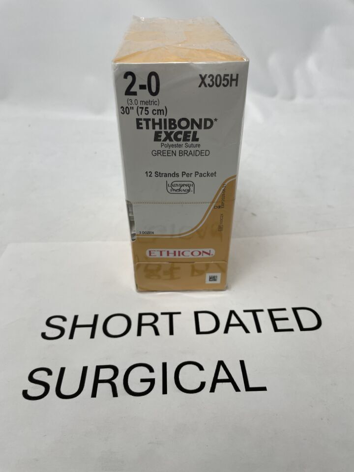 X305H - ETHICON - ETHIBOND EXCEL Polyester Suture, SUTUPAK Pre-Cut Sutures, Non-Absorbable, Green Braided 12-30" = 75cm, Size: 2-0, (BX/36)