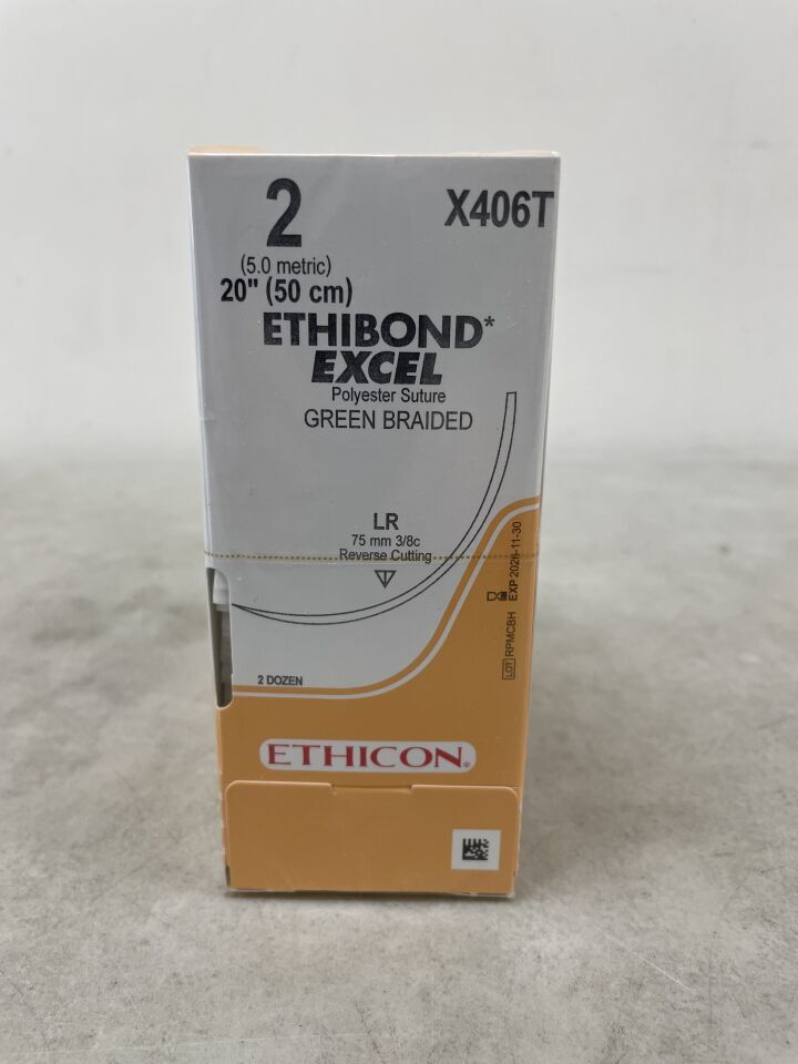 X406T - ETHICON - Ethibond Excel Non-Absorbable Braided Polyester Suture, Size 2, 20 in. Length, LR Needle, (BX/24)