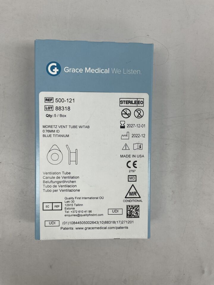 500-121 - GRACE MEDICAL - moretz vent tube w/tab 0.76mm id blue titanium 5 pack, (BX)