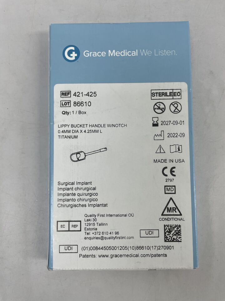 421-425 - GRACE MEDICAL - Lippy Bucket Handle With Notch .4mm x 4.25mm Titaniumï¿½, (BX)