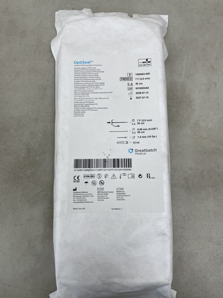 1000093-009 - GREATBATCH - OptiSeal Valved PTFE Peelable Introducer 7F x 25cm, (EA)