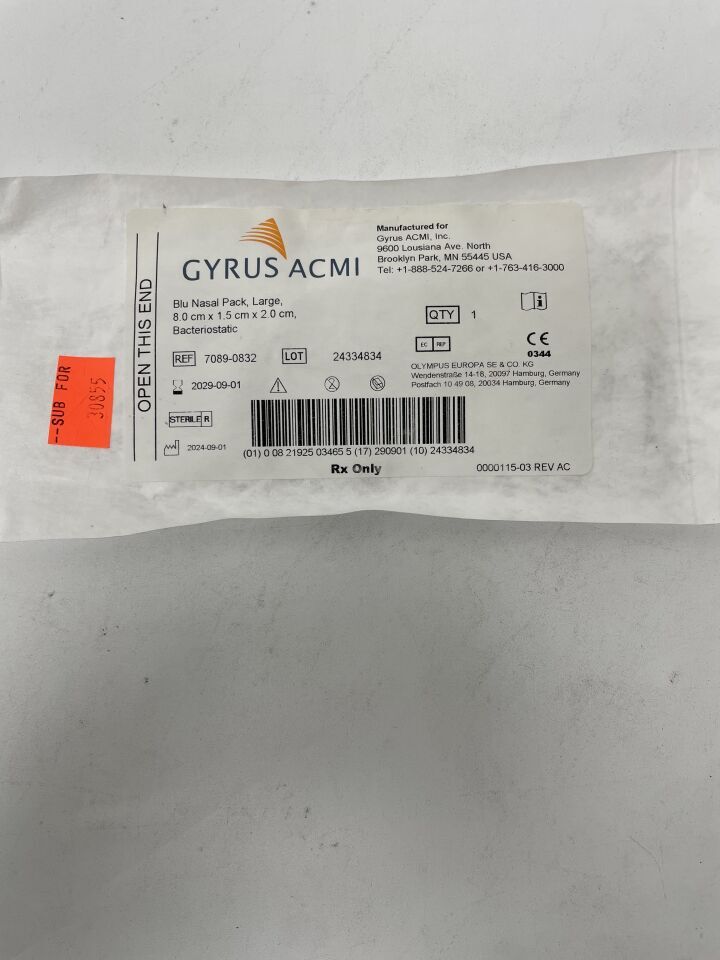 7089-0832 - GYRUS - Blu Nasal Pack, Large 8.0cm x 1.5cm x 2.0cm, (EA)