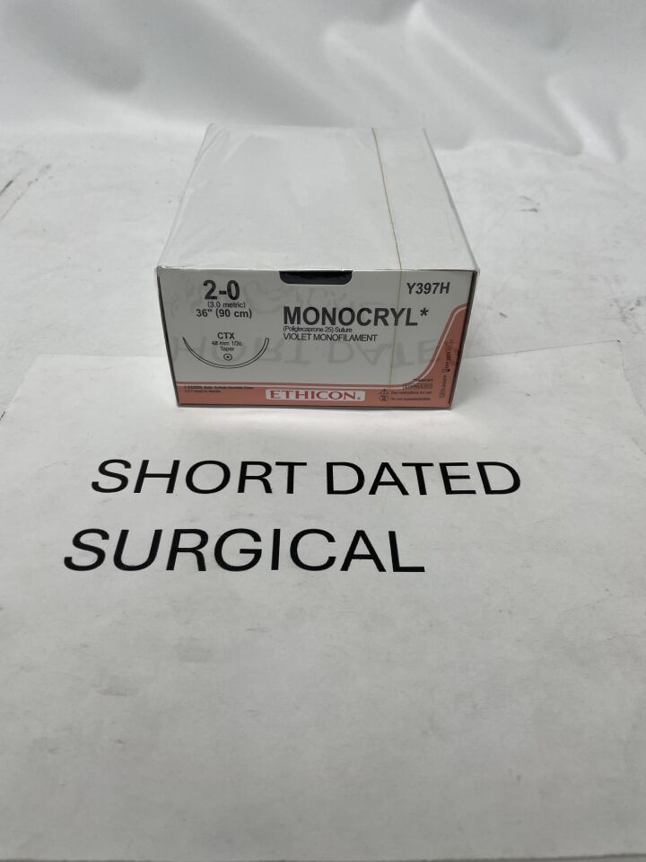 Y397H - ETHICON - MONOCRYL Suture, Taper Point, Absorbable, CTX 48mm ï¿½ Circle, Violet Monofilament 36" = 90cm, Size: 2-0, (BX/36)
