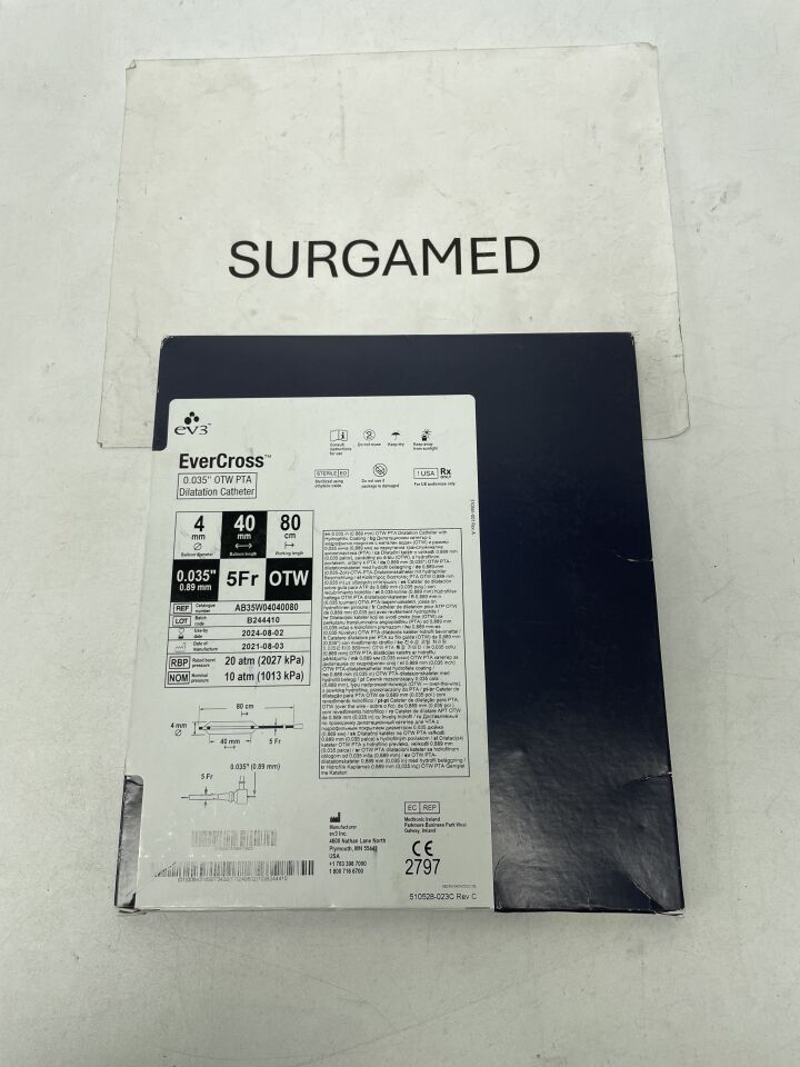 AB35W04040080 - EV3 - EverCross .035" OTW PTA Dilatation Catheter - 4mm x 40mm x 80cm, (BX)