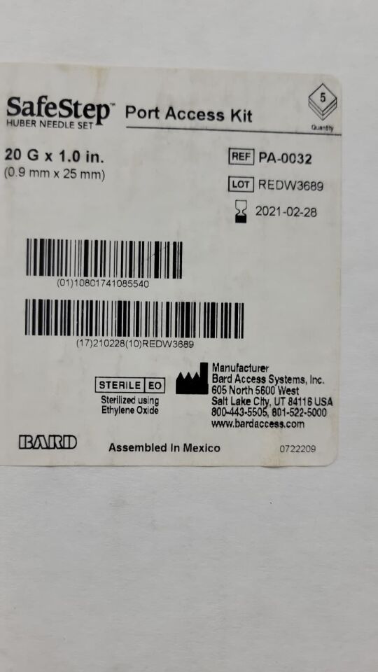 PA-0032 - BARD - SafeStep Port Access Kit Huber Needle Set 20G x 1.0in - Lot REDW3689, (BX/5)