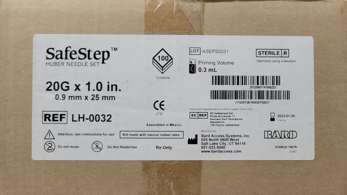 LH-0032 - BARD - SafeStep Huber Needle Set, 20G x 1.0in (0.9mm x 25mm) - Lot ASEPS0031, (BX/100)