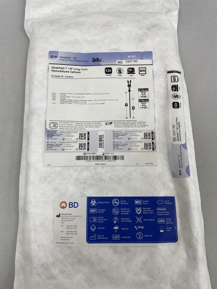 5347190 - BARD - glidepath lt hemodialysis catheter, straight, exchange 13f / 19cm / 24cm, preloaded, (EA)