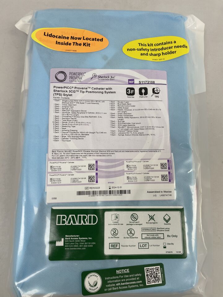 S1173108 - BARD - PowerPICC Provena 3 Fr Single Lumen Catheter, Nursing Max Barrier Tray with Sherlock 3CG Tip Positioning System Stylet, (EA)