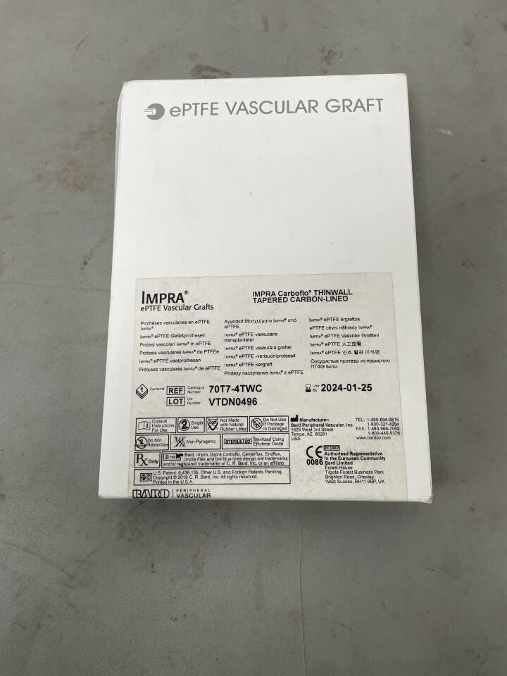 70T7-4TWC - BARD - IMPRA ePTFE Vascular Graft, Carboflo Thinwall Tapered Carbon-Lined, 7-4 mm x 70 cm, (BX/1)