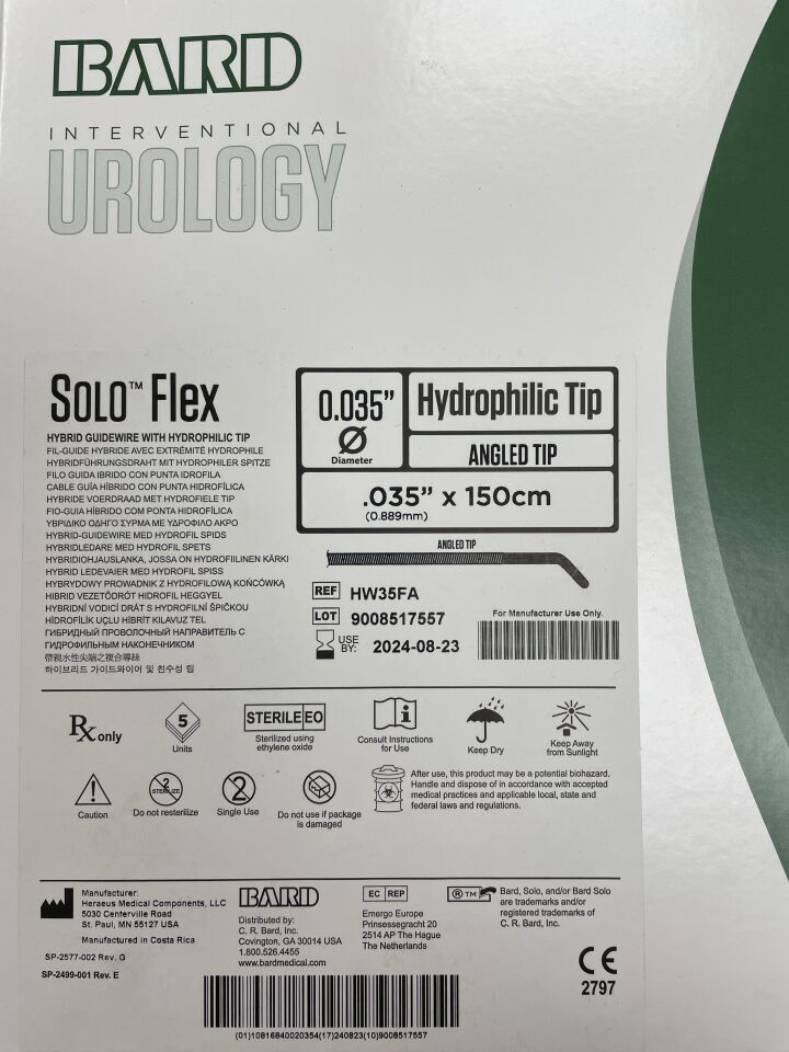 HW35FA - BARD - Solo Flex Hybrid Guidewire, Hydrophilic 0.035" x 150cm, Angled, (BX/5)