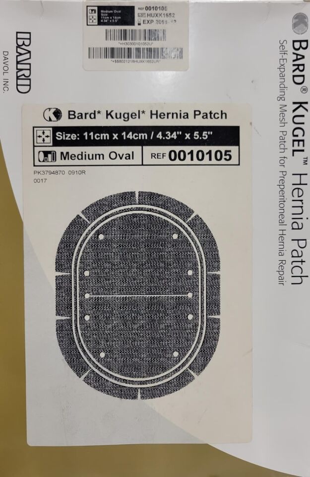 0010105 - BARD - KUGEL HERNIA PATCH SELF-EXPANDING MESH PATCH FOR PREPERITONEAL HERNIA REPAIR, MEDIUM OVAL, 4.34" X 5.5" 11cm x 14cm, (BX/2)
