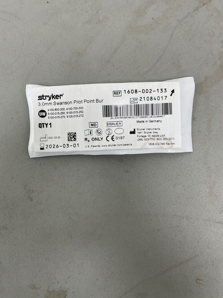 1608-002-133 - STRYKER - Fluted Swanson Pilot Point Micro Burr, 3 mm Head Diameter,, (EA)