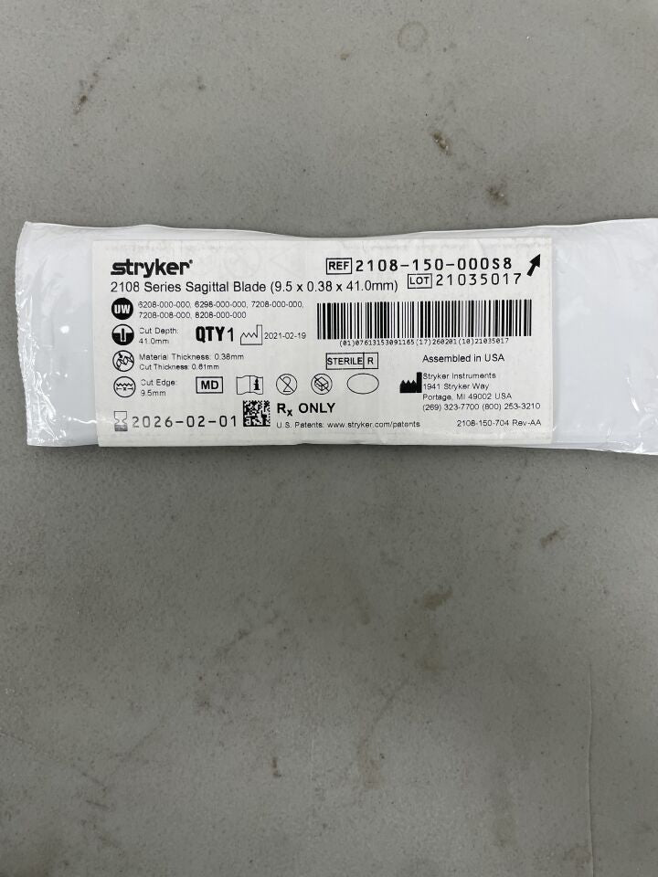 2108-150-000S8 - STRYKER - Sagittal Blade, 9.5 mm Cut Edge, 41 mm D x 0.61 mm Thick Cut, (EA)