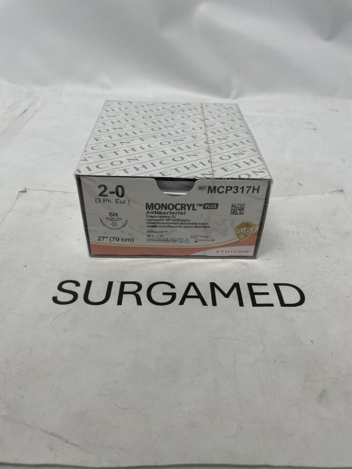 MCP317H - ETHICON - Monocryl Plus Absorbable Monofilament Suture, Size 2-0, 27 in. Length, SH Needle, (BX/36)