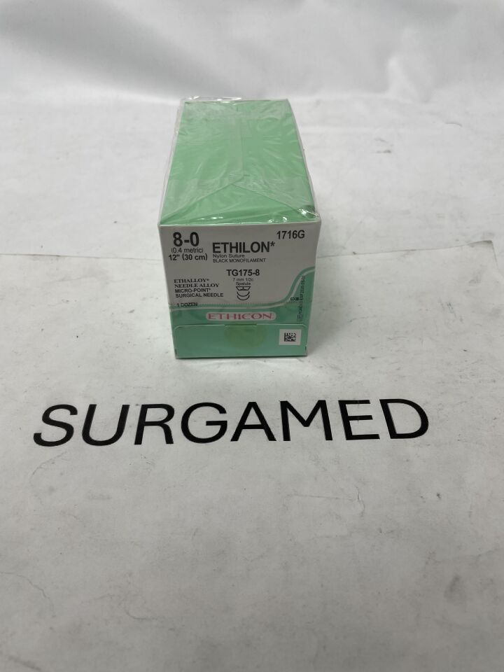 1716G - ETHICON - Ethilon Non-Absorbable Monofilament Nylon Suture, Size 8-0, 12 in. Length, TG175-8 Needle, (BX/12)