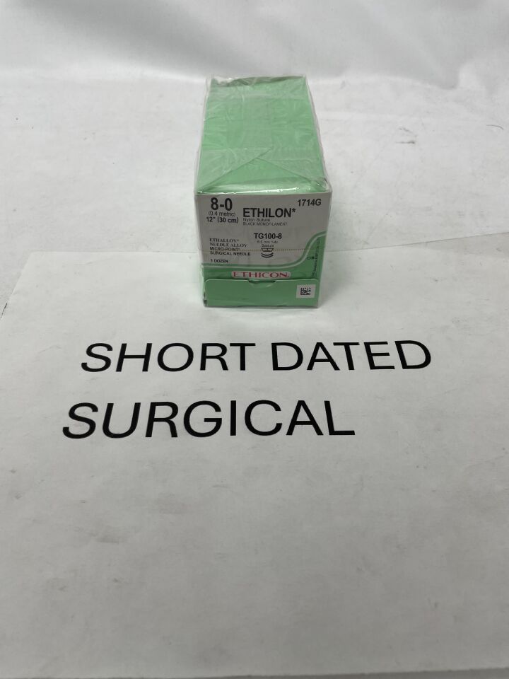 1714G - ETHICON - Ethilon Non-Absorbable Monofilament Nylon Suture, Size 8-0, 12 in. Length, TG100-8 Needle, (BX/12)