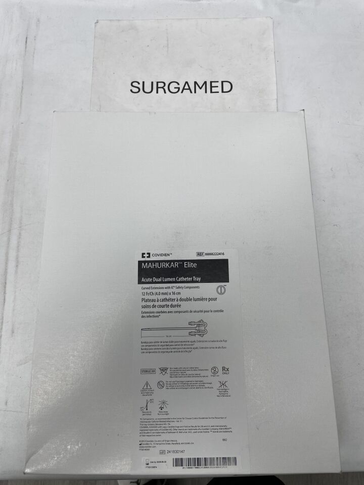 8888222416 - COVIDIEN - Mahurkar ELITE 12F Acute Dual Lumen Catheter 16cm, Curved, PASS Tray, (BX/1)