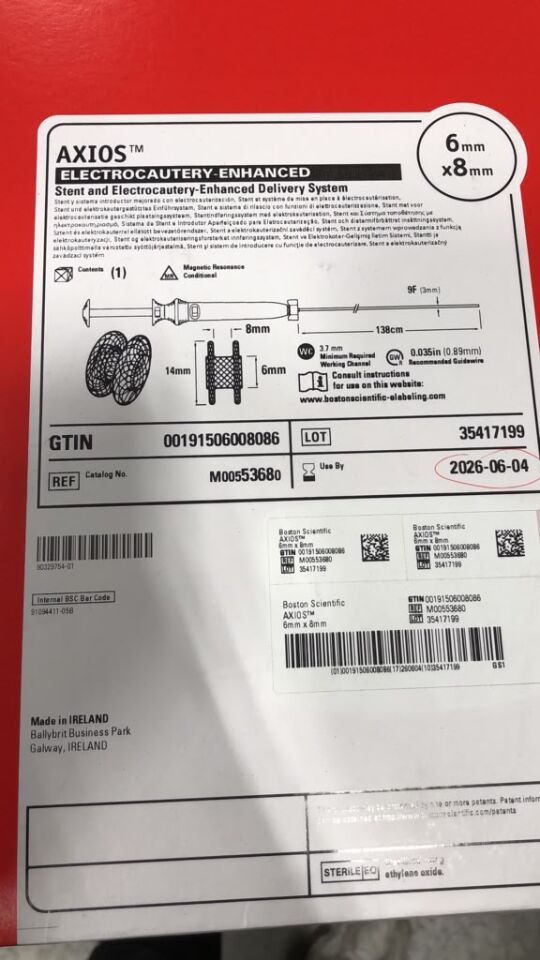 5368 - BOSTON SCIENTIFIC - AXIOS Electrocautery-Enhanced Stent and Delivery System, 6mm x 8mm - Lot 35417199 - full REF M00553680, (BX/1)