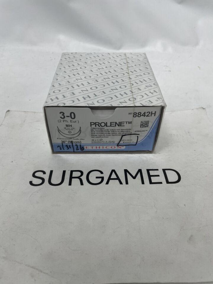 8842H - ETHICON - Prolene Non-Absorbable Monofilament Polypropylene Suture, Size 3-0, 36 in. Length, MH Needle, (BX/36)