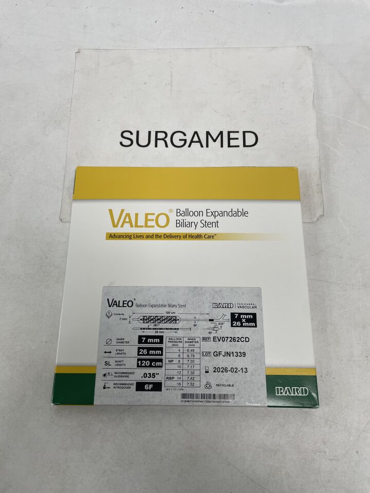 EV07262CD - BARD - VALEO Balloon Expandable Biliary Stent - 7mm x 26mm x 120cm, (BX/1)