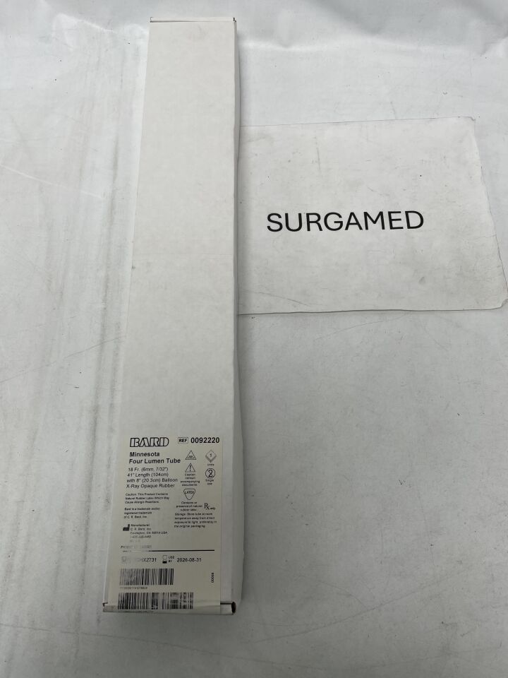 0092220 - BARD - Minnesota Tube Four Lumen Double Esophageal Balloon 18F, 8" Long, X-Ray Opaque Rubber, (BX/1)