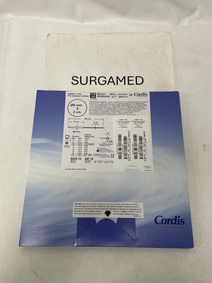 48008002N - CORDIS - SABER .035" OTW PTA Dilatation Catheter - 8mm x 2cm x 80cm, (BX/1)