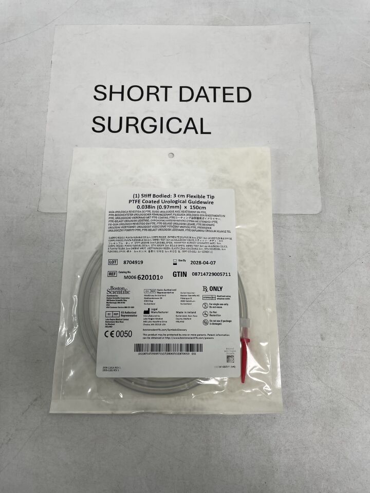 620101 - BOSTON SCIENTIFIC - PTFE Coated Urological Guidewire, stiff bodied, 3cm flexible tip, 0.038inch x 150cm, (EA)
