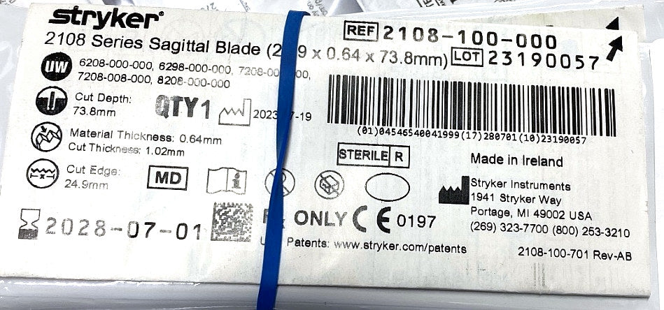 2108-100-000 - STRYKER - 2108 Series Sagittal Blade (24.9 x 0.64 x 73.8mm), (EA/1)
