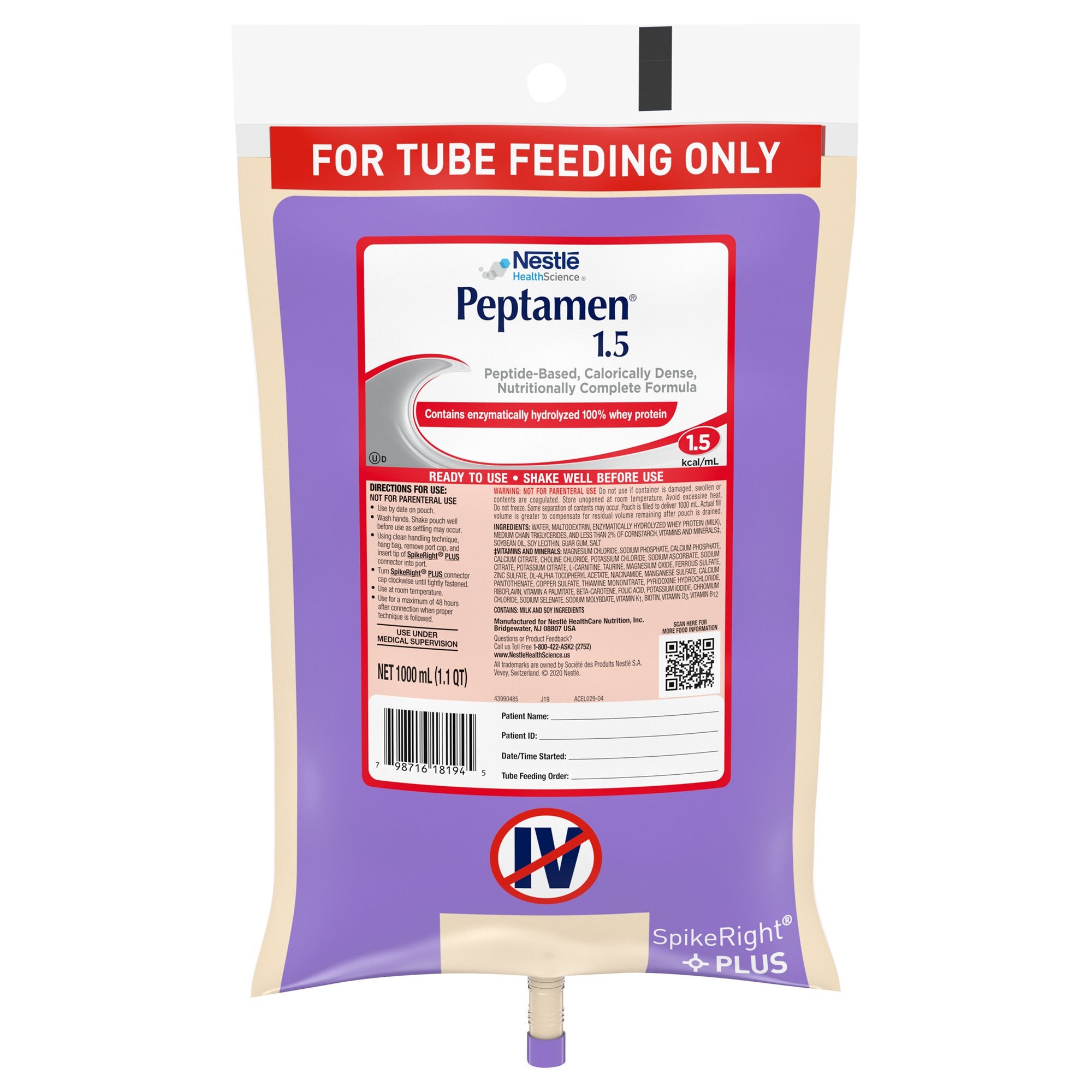 664064 - Peptamen - Peptamen 1.5 Tube Feeding Formula Unflavored Liquid 1000 mL Ready to Hang Prefilled Container Pack of 1, (EA)