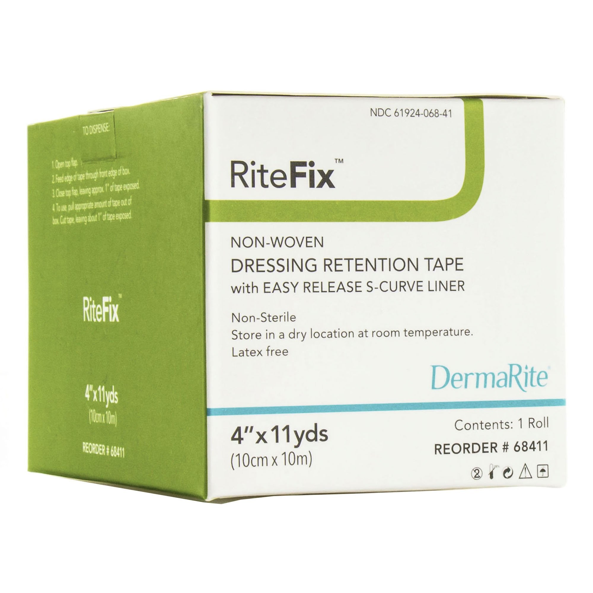 939645 - RiteFix - RiteFix Water Resistant Dressing Retention Tape with Liner White 4 in X 11 yd Nonwoven, 68411, Box of 1, (BX)
